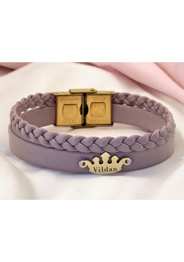 Archin Vildan İsmine Özel Doğal Mor Derili Taç Figürlü 14 Ayar Altın Plakalı Hediye Bileklik-637isim Vildan