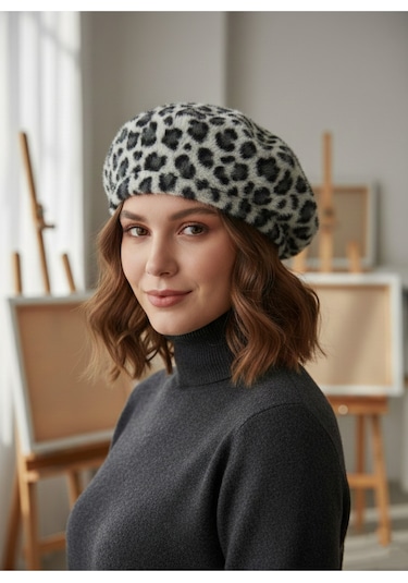 Derikem Fransız Tüylü Peluş Ressam Bere Kadın Şapka Leopar-beyaz