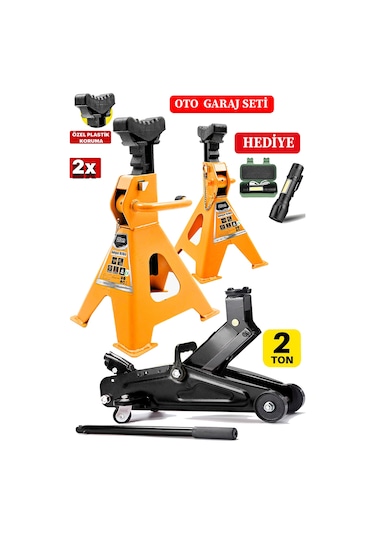 2ton X2 Adet Sehpa Tip Kriko Standı + 2ton Tekerlekli Kriko Garaj
