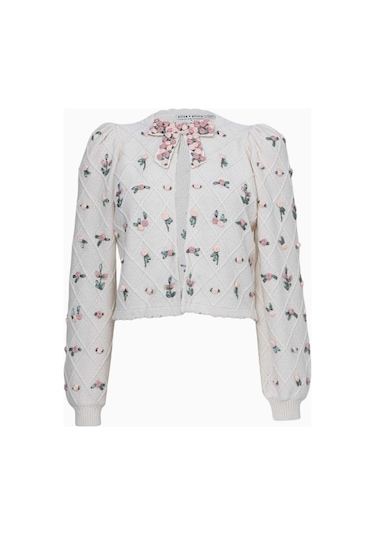Almi Alice And Olivia Çiçek Işlemeli Örgü Hırka Beyaz