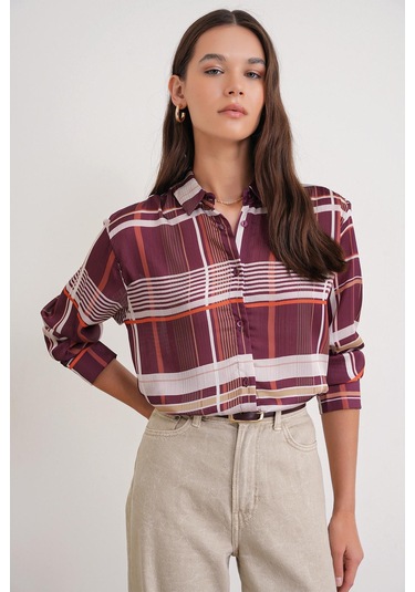 4751 Kadın Ekose İnce Saten Gömlek Bordo Bordo