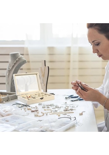 Willowhaven Bej Sku Kilitli 9 Bölmeli Kadife Mücevher Kutusu Yüzük Kolye Küpe Organizer