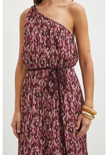 Uterpe One Shoulder Floral Print Maxi Dress Mürdüm