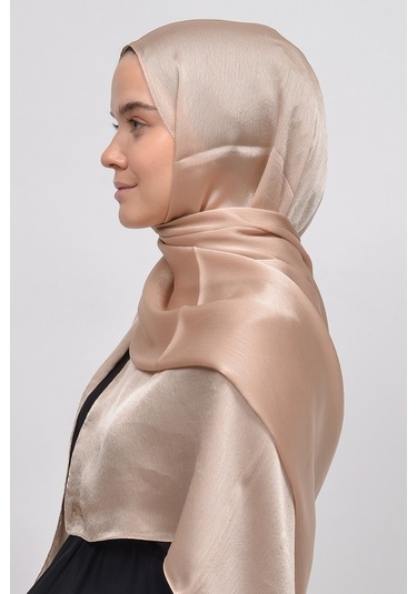 Altobeh Janjan Şık Parlak Saten Dokulu Kadın Tesettür Abiye Şifon Şal - Koyu Bej