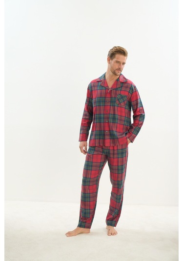 Erkek Uzun Kol Gömlek Yaka Önden Düğmeli Kırmızı Pijama Takım C1t5n5o9 001