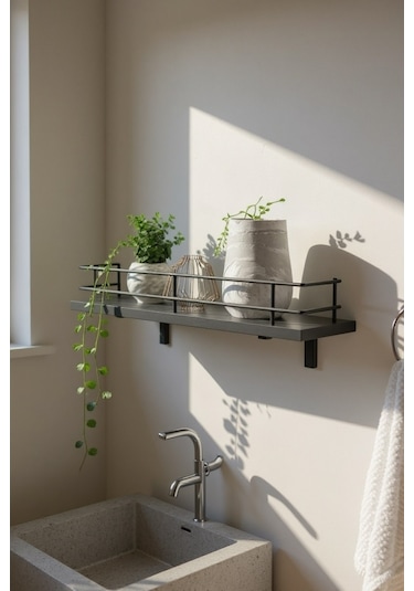 Modern Tasarımlı Metal Korkuluklu Siyah Ahşap Duvar Rafı Siyah