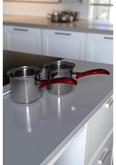 2'li Set Paslanmaz Çelik Cezve Kırmızı Kulplu 12cm