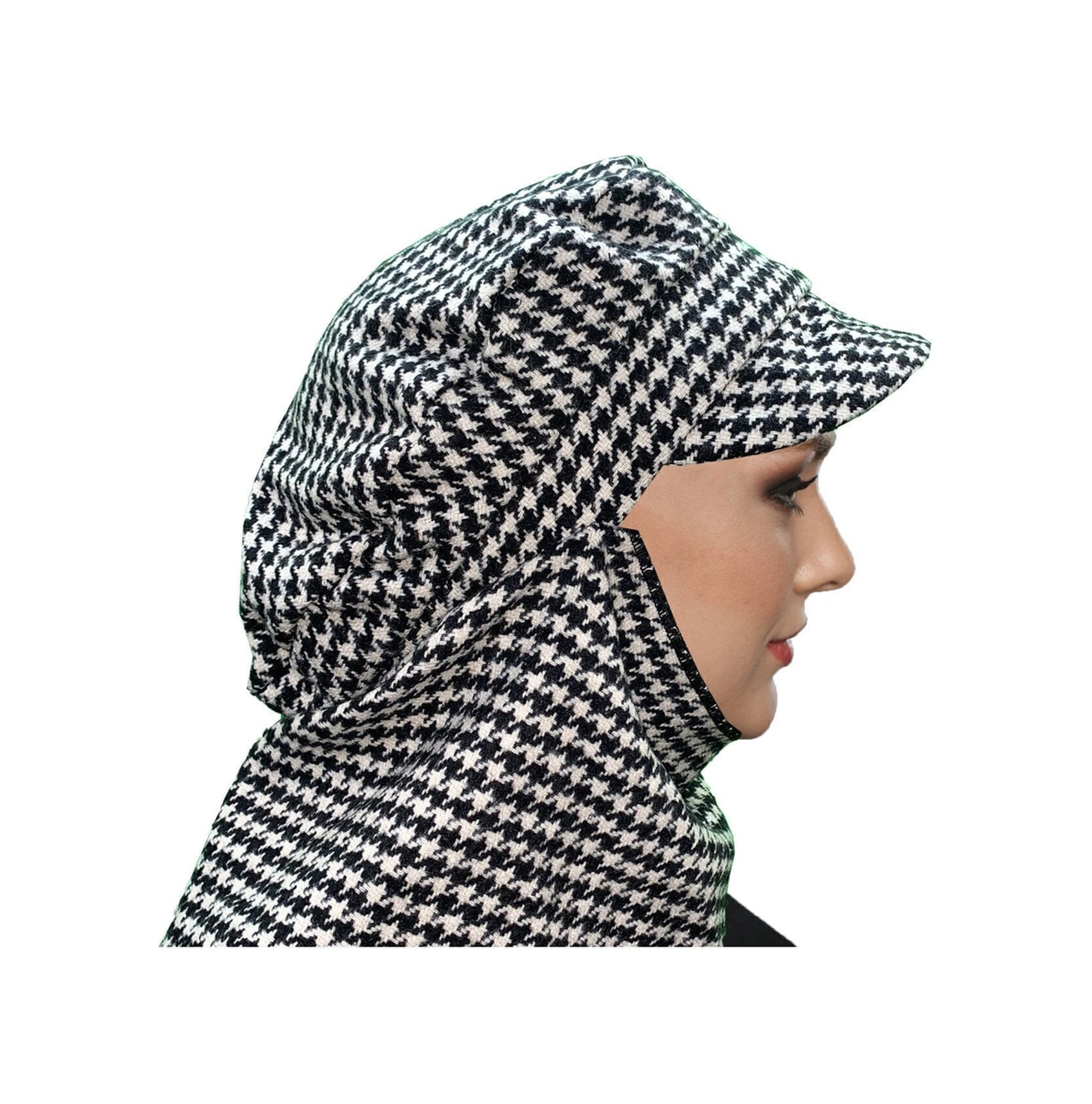 Yün Kasket Şapka Atkılı Küçük Kazayağı Desenli Siyah-krem Hazır Türban Tesettür Bone Bere Siyah-beyaz