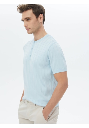 Kip Açık Mavi Hakim Yaka Jakarlı Triko Çok Renkli