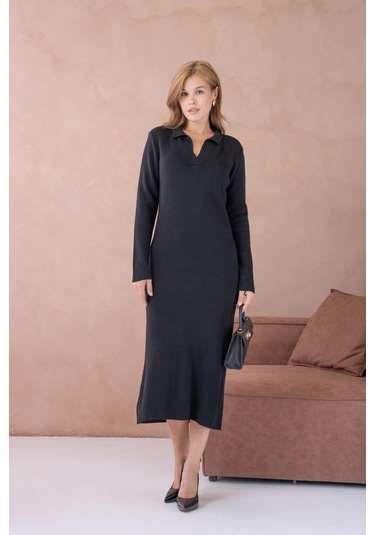 Kadın Polo Yaka Yamuşak Dokulu Maksi Boy Triko Elbise Siyah
