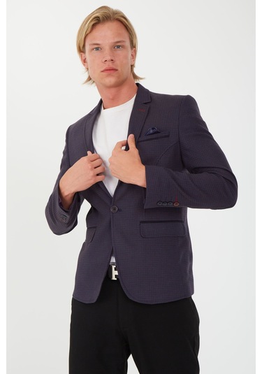 Sposo G-211 Dar Kalıp Desenli Lacivert Erkek Blazer Ceket Lacivert