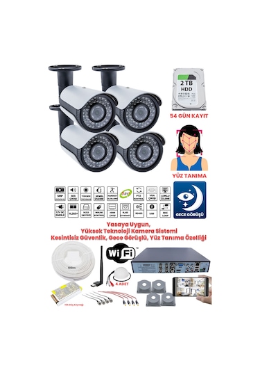 Kadraj Güvenlik Kamera Seti - 4 Kameralı - 5mp Sony Seculens, Full Hd, Gece Görüşü, Yasalara Uygun, 2tb Disk + Ses Alma