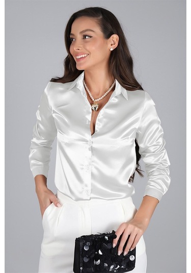 Sweetness Kadın Ekru Saten Uzun Kol Abiye Gömlek Ekru