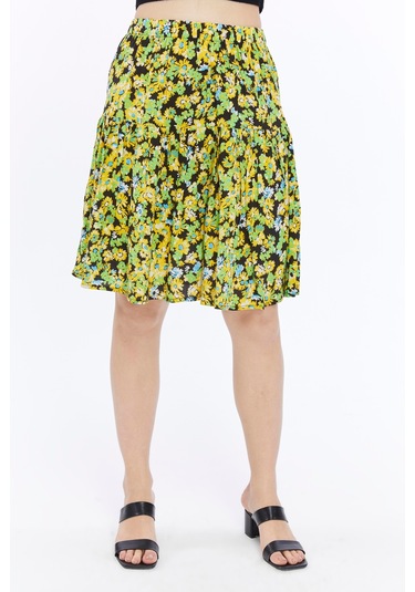 Leila Viskon Kumaş Sarı Çiçekli Midi Boy Şort Etek Sarı