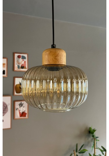 Mola Cam Bal Rengi Tekli Avize Geniş Ahşap Başlık Retro Sarkıt Lamba Restoran Salon Aydınlatma Bal