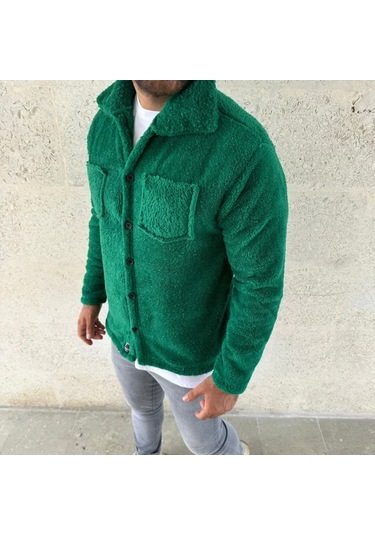 Erkek Pelüş Polar Hırka Gömlek Yakalı, İlik Düğmeli, Göğüs Cepli, Yumuşak Dokulu Kışlık Regular Fi Çimen Yeşili