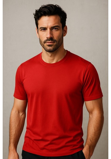 Erkek %100 Pamuk Slim Fit Sporcu Tişört Basic Bisiklet Yaka Kısa Kollu T-shirt Kirmizi