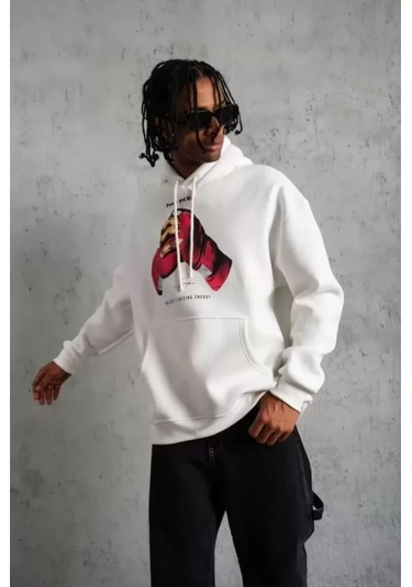 Erkek Eldiven Baskılı Kapüşonlu Sweat - Beyaz renkli