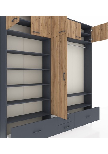 Arges Dolap 18 Raflı 4 Çekmeceli Tek Askılı 220x30x243 Antrasit-çam/antrasit Atlas Çam/antrasıt