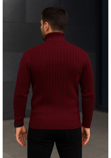 Erkek Fitilli Triko Kazak 2'li Set Bordo Siyah Regular Balıkcı Yaka Tam Boğazlı Triko Seti Modeli Ka Bordo Siyah