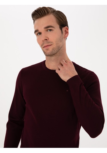 Cacharel Açık Bordo Slim Fit Yün Karışımlı Bisiklet Yaka Basic Triko Kazak