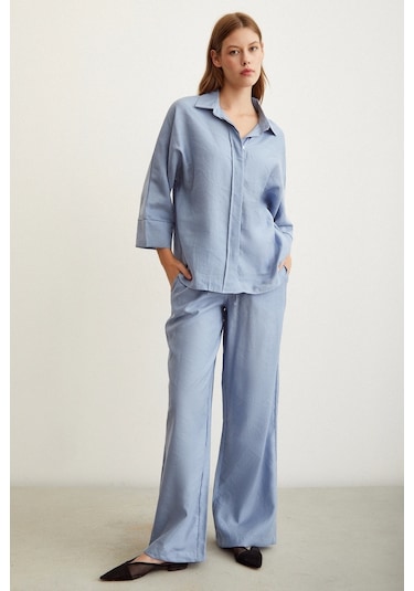 Never More Yarasa Kol Keten Gömlek Mavi