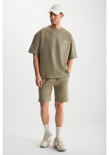 Colombıa Erkek 2'li Set Comfort Fit Rahat Kalıp Yazı Nakışlı Şardonsuz Haki Eşofman Takımı