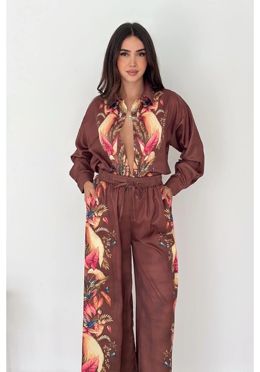 Saten Kumaş Desenli Takım Kahverengi Kahverengi