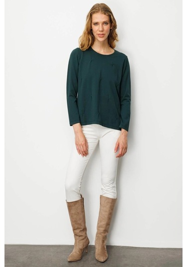 Desen Triko Kadın Sıfır Yaka Önü Pileli Boncuklu Ligralı Bluz 25095 Yeşil Yeşil