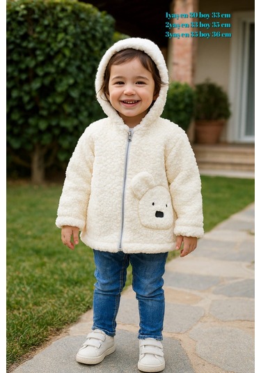 1-3 Yaş Kuzu Welsoft Kapşonlu Nakışlı Hırka Krem - Sarı