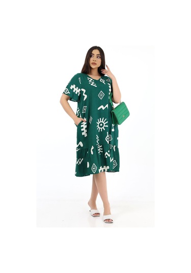 Schık Kadın Viskon Yarım Kol V Yaka Cepli Fırfırlı Elbise Koyu Yeşil Koyu Yeşil