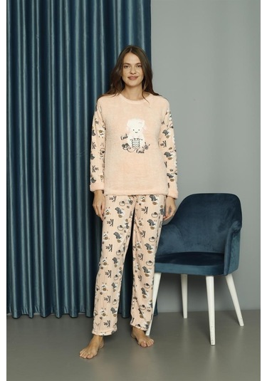 Yeni Sezon Sonbahar/kış Kadın Welsoft Polar Yuvarlak Yaka Kuzucuk Desenli Kalın Pijama Takımı 30005-somon Somon