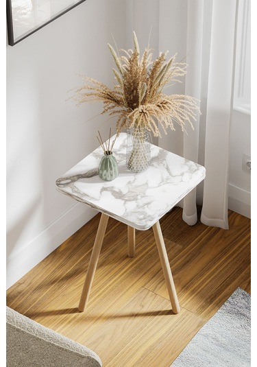 İntergo Kare Tasarımlı Ahşap Ayaklı Tekli Zigon Sehpa Beyaz Mermer