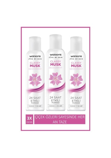Watsons Classy Musk 24 Saat Etkili Pudrasız Kadın Sprey Deodorant 3 x 150 ML