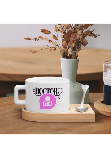 Bk Gift Kişiye Özel İsimli Doktor Tasarımlı-4, Ahşap Altlıklı Seramik Fincan, Meslek Hediyesi, Yeni İş Hediyesi Kobitmeyen137933 Bk Gift