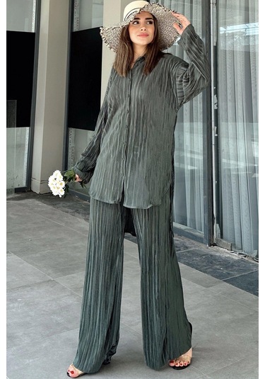 Kadın Koyu Yeşil Uzun Tunik Gömlek & Beli Lastikli, Bol Paça Pantolon - Salaş Bürümcük Takım Petrol