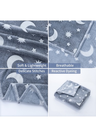 Padalink Gri Ay Desenli Parlak Flanel Battaniye - Işık Veren Çocuk Uyku Battaniyesi, Konforlu Isı Sağlar, 1x1.5m Kutulu Paket Gri