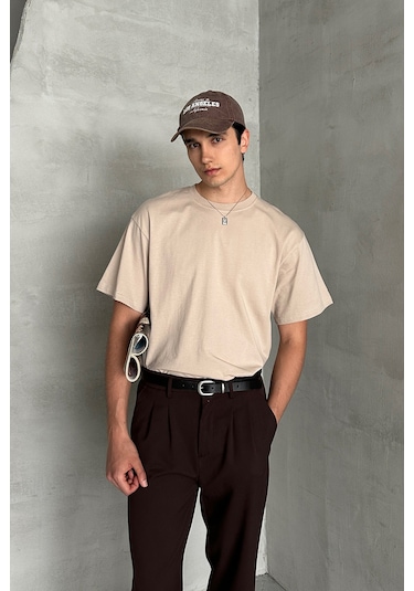 Hyman Erkek %100 Pamuk Oversize Basic T-shirt Bej