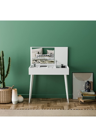 2220 Flora Düşer Kapaklı Aynalı Ahşap Ayaklı 80 Cm Makyaj Masası