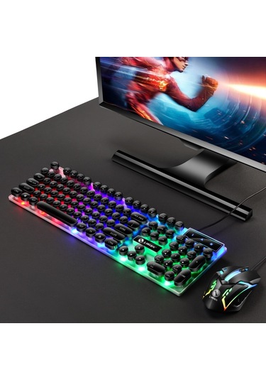 Tx300 Mekanik Feel Arka Işık Punk Kablolu Klavye Fare Seti Siyah
