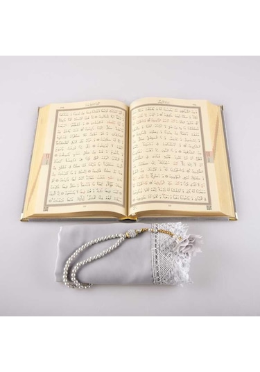 Şal + Tesbih + Kuran Hediye Seti (Çanta Boy, Kadife, Gri)
