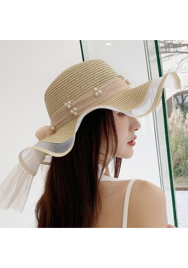 Şık Ve Zarif Bayanlar İçin İnci Detaylı Hasır Örgü Yazlık Güneş Şapkası Yeşil