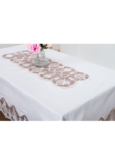 Finezza Sofia Lüx Dantelli Simli Keten Kumaş Krem Masa Örtüsü 160x220 Cm 1475