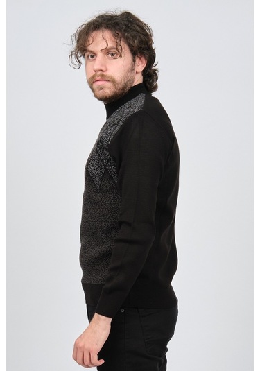 Ateş Triko Erkek Yarım Balıkçı Yaka Desenli Kazak 6091804 Siyah Siyah