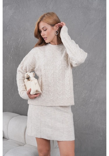 Kadın Bisiklet Yaka Saç Örgü Kazak Etek İkili Triko Takım Taş