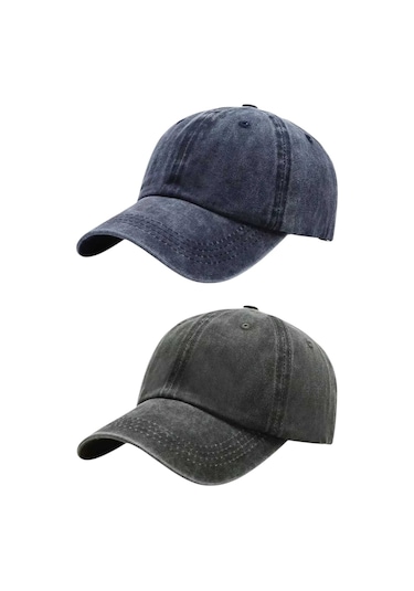 Tezzgelsin Unisex Eskitme Vintage %100 Pamuklu Ayarlanabilir Beyzbol Kep Şapka 2'li Set Lacivert - Haki