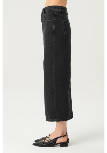 Antrasit Normal Bel Patı Fermuarlı Yırtmaçlı Maxi Jean Etek C 4532-049