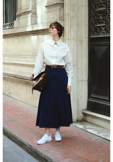 Mizalle Parça Volanlı Lacivert Maksi Denim Etek Lacivert