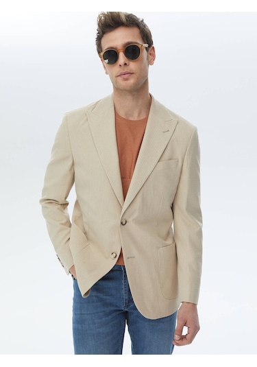 Kip Bej Çizgili Modern Fit Pamuk Karışımlı Ceket Çok Renkli