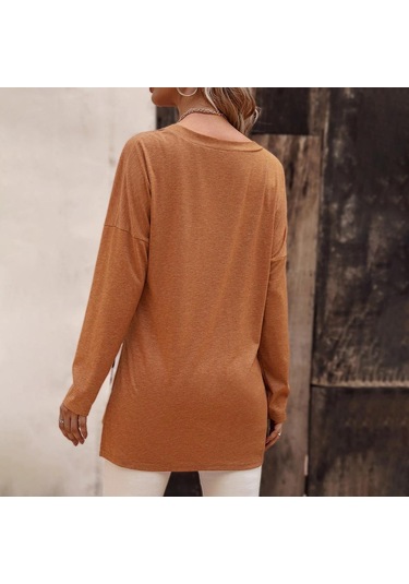 Hnxc Kadın Moda Günlük Yaz Düz Renk Baskı Uzun Kollu V Yaka Bluzlar Ve Gömlekler Yeşil